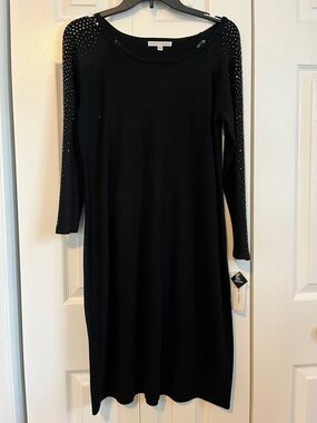 Sandra Darren Black Long Sleeve Knit Dress with Rhinestone-Embellished Sleeves